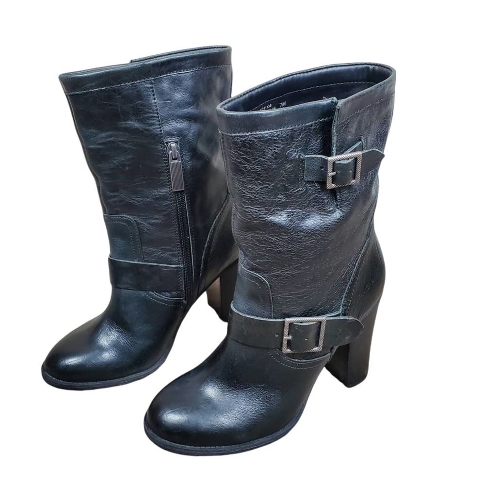 Adam Tucker Leather Kaplin Moto Mid Calf Heeled Boots